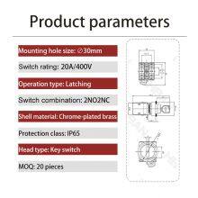 Ip65 30mm Key Rotary 3 Position Chrome Plated Brass 20a 2NO 2NC Latching Switch thumbnail-2