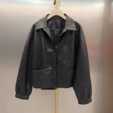 Chaqueta de cuero de oveja de Haining, nueva para primavera, otoño e invierno. Chaqueta corta y elegante para mujeres. Chaqueta casual y holgada con cuello. thumbnail-1