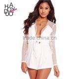 HAODUOYI Women White Lace Long Sleeve Deep V Neck Tie Front Playsuit