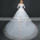 MGOO Lace Trim Hem Beaded Empire Vintage Floor Length Off Shoulder Wedding Dress Bride Grown Long Sleeve thumbnail-2