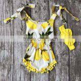 New Arrival Woven Summer Baby Girls Kids Wear Style Lemon Yellow Ruffles Romper Tutu Cotton With Matching Accessories Bow thumbnail-1