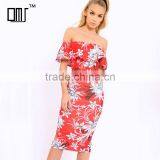 Best Sell Women Clothing off the Shoulder Floral Bodycon Midi Dresses thumbnail-1