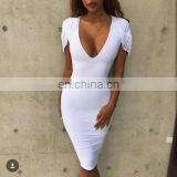 Clothes Women Elegant Dress Formal White Cap Sleeve Deep V Pencil Midi Bodycon Dress thumbnail-3