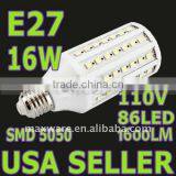 E27 16W 110V 86LED SMD 5050 1600LM LED Corn Lamp