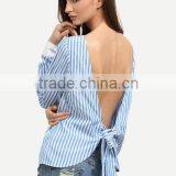 Blouses Latest Fashion Design Women Clothing Blue Striped Tie Back Backless Long Sleeve Blouse thumbnail-1