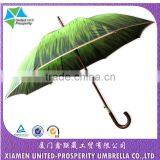 Green grass offset printing wooden straight umbrella with yellow pipping