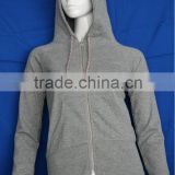 Ladies jersey grey color kangaroo pocket plain hooded sweatshirt