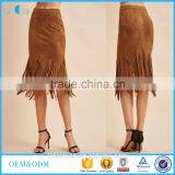 Latest Long Skirt Design Suede Fringe Trim Bodycon Skirt Ladies Designer Suits Skirt thumbnail-1