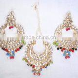 JADAU KUNDAN GOLD PLATED Multicolor Dangler EARRINGS TIKA SET Real Look thumbnail-1