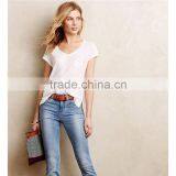 Women Knit White Cropped Tops V-neck Soft Cotton Blend Top Tee White T-shirts thumbnail-1