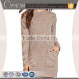 Crew Neck Rib-knit Longline Wholesale Pullover Sweater With Front Patch Pockets thumbnail-1