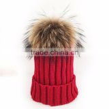 Myfur Lady Fashion Real Raccoon Fur Pompom Striped Knit Hat Wholesale