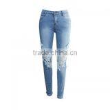 High Waist Girls Jeans Hollow Lace Patchwork Light Blue New Women Sex Pants thumbnail-4
