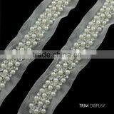 DIY Beaded 3 Row Pearls Crystal Rhinestones Costume Applique Embellishment Decorated Lace Ribbon Trim thumbnail-1