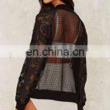 Black Mesh And Ribbed Contrast Hem Geometric Embroidery Throughout Bomber Jacket thumbnail-3