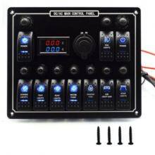12/24V 10 Gang Rocker Switch Panel Auto Switch Panel With Volt and Current Dual Display Voltmeter and Cigarette Lighters Socket thumbnail-1