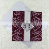 Wholesale Wine Red Flocked Silver Embossed Wedding Invitation Covers