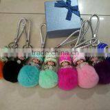 Wholesale New Designs Cute Multicolor Rhinestone Monchhichi Doll Rabbit Fur Ball Keychain thumbnail-1