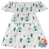 2017 children frocks designs blue cactus tribe print flutter sleeve summer dress