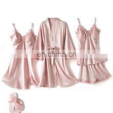 Summer Four-piece Sling, Pajamas Home Service Simulation Silk Stretch Women Satin Pajamas Sleepwear Set/