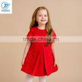 Girls Red Color Party Dress Kids Short Sleeve Woolen Frock With Boutique Lace Designs For Girl thumbnail-1