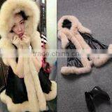 2014 the New Explosion Models in Europe and America Big Plush Leather Trim Grass Washed Hooded Sleeveless Long Vest