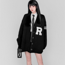 College Style Knit Cardigan Sweater Women 2021 New Autumn / Winter Letter Embroidery Temperament Loose and Thick V-neck Coat thumbnail-1