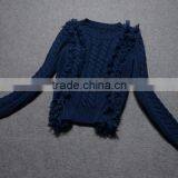 Wholesales Sweater Design Woman Latest Fashion Navy Blue Knitted Sweater With Long Sleeve thumbnail-1