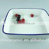 White Blue Line Zakka Style Enamel Ceramic Baking Dish With Handles Rectangular Baking Dish thumbnail-3