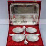 Metal Bowl Four Bowl With One Square Tray and Four Spoons Made in Brass and Silver Plated in a Velvet Box thumbnail-1