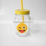 Cute Emoji Smile Face Decal Glass Beverage Handle Mug With Yellow Lid thumbnail-2