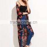 Custom Flower Print Women Soft Comfortable Beachwear Outwear Black Floral Longline Chiffon Kimono thumbnail-5