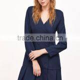 Navy Double Breasted Pleated Hem Dress Polyester Spandex Long Sleeve V Neck Casual Plain Dress thumbnail-4