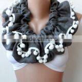 Scarf,Gray Loop Scarf, Ruffle Scarf, Gray Infinity Scarf, Circle, Gray Pashmina,Christmas Scarfs, Pompom Scarf, Fashion,cowl Sca thumbnail-1