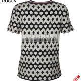 Acrylic Flat Knitted Sweater for Women as Stripe Collar Short Sleeve Polka Dot T-shirt of Latest Design Girls Top thumbnail-3