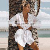 Белая хлопковая рубашка 2019 года для женщин. Сексуальная, с вырезом, с пиджакальным воротником и бисопскими рукавами. Летняя пляжная одежда. Верхняя одежда и блузка-туника для женщин