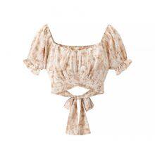 European/American Style Women's Clothing, New Style, Fashionable and Versatile. Tie Design, Short-sleeved, Plunging Neckline, Printed Top. thumbnail-3