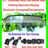 New Universal 4.3" Auto Dim Rearview Mirror+Parking Rearview Display +Electronic Compass/Temperature
