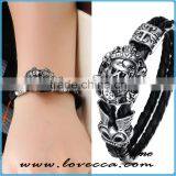 New Trending Skull Style Stainlesss Steel Genuine Leather Bracelet Men thumbnail-2