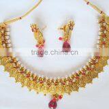 GOLD Plated Goddess Laxmi COIN PINK Polki Bollywood Necklace EARRING Set thumbnail-2