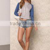 MGOO 2017 New Designs Navy Blue And Grey Raglan Sleeves Cropped Knit Hoodies Tops 180g 100% Cotton Jersey Plain thumbnail-3