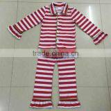 2016 Hot Sale Girls Pajama fashion christmas ruffle striped outfits Baby Sleeping Clothes Top and Pants set