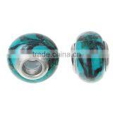 Lampwork Glass European Style Large Hole Beads Round Pattern Dark Green & Dark With 304 Stainless Steel Silver Tone Core thumbnail-2