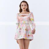 TWOTWINSTYLE Dress For Women Square Collar Long Sleeve Backless Print Hit Color Hollow Out Mini thumbnail-5