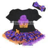 Halloween Baby Purple Spider Web Cupcake Pumpkin Pettiskirt Bodysuit and Headband thumbnail-1