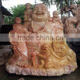 Laughing Buddha Statue Red Marble Stone Hand Sculpture Carving For Sale
