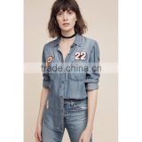 Guangzhou women clothes long sleeve patch embroidery vintage denim shirt