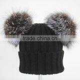 Myfur Black Double Silver Fox Fur Pom Puff Knitted Funny Cute Beanie Hats thumbnail-5