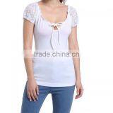 2017 Summer Cotton Hollow Patchwork Women Short Sleeve Blouses thumbnail-2