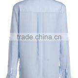 Ladies Mid Long Sleeve Blue Side Slit Cotton Button up Shirt With Pocket Design thumbnail-3